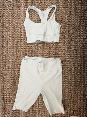 Year of Ours Cream Ribbed Bike Shorts & Crop Tank Set